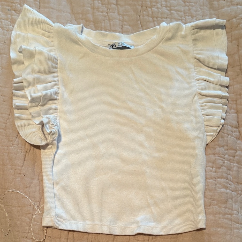 Zara White Ruffled Short Sleeve Top